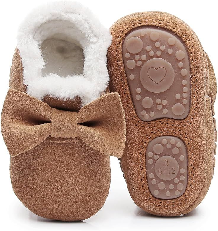 HONGTEYA Baby Moccasins with Fur Fleece Rubber Soles Warm Snow Boots Leather Baby Shoes for Boys ... | Amazon (US)
