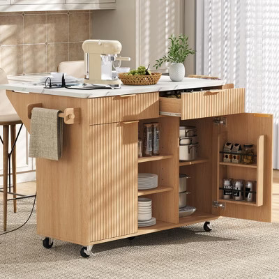 52" Rolling Kitchen Island with Drop Leaf, Fluted Kitchen Cart, Cabinet Island Table with Adjustable Shelves & Power Outlet, Natural - ModernLuxe | Target