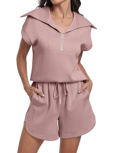 ANRABESS Two Piece Sets for Women Summer Half Zip Short Set Sweatsuit 2 Piece Outfits Sweat Lounge Sets Tracksuit light pink Medium | Amazon (US)