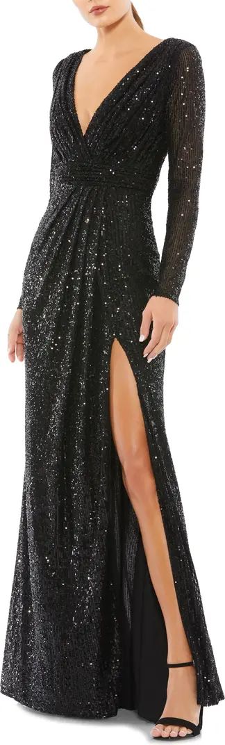 Long Sleeve Sequin Faux Wrap Gown | Nordstrom
