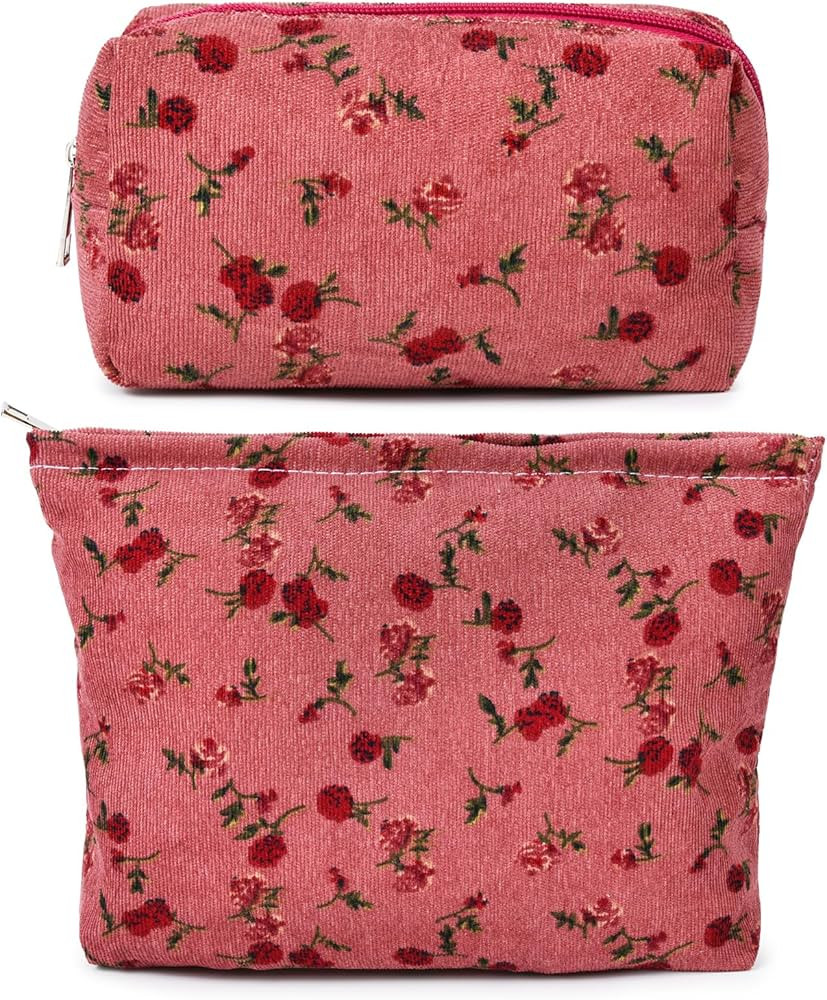 2 Pieces Floral Makeup Bag Large Cosmetic Bag Capacity Canvas Travel Toiletry Bag Organizer Cute ... | Amazon (US)