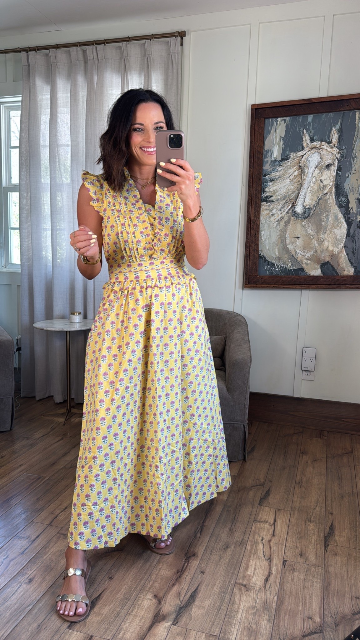 Obsessed with this dress💛
lightweight, feminine, and so well made… I’m wearing a size small
#easterstyle #springoutfit #floraldress #modeststyle #easteroutfitideas 
