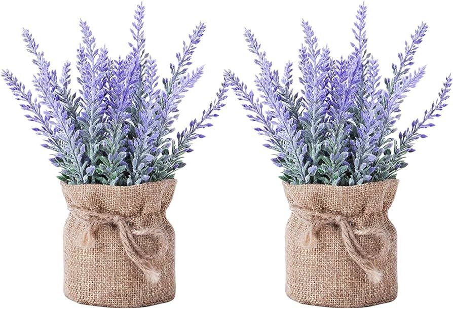 YAPASPT 2 Pack Small Burlap Potted Lavender Flowers - Lavender Artificial Plants and Flocked Char... | Amazon (US)