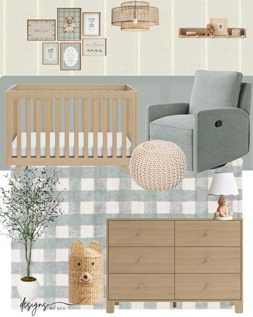 Soft sage tones, warm wood, and classic textures come together in this timeless nursery design 🤍 From the natural wood crib to the cozy swivel glider and gingham wallpaper, every piece is calm, cozy, and functional. Perfect for a traditional nursery with a fresh, elevated feel. 

 #LTKHome #LTKBaby

Comment SHOP below to receive a DM with the link to this post on my LTK ⬇ https://liketk.it/5MKkq