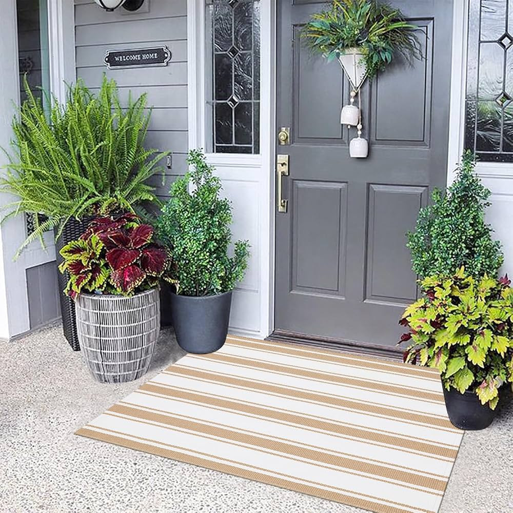 Front Door Mat Outdoor 24"x51",Washable Striped Outdoor Rug,Farmhouse Front Porch Rug Decor,Layer... | Amazon (US)