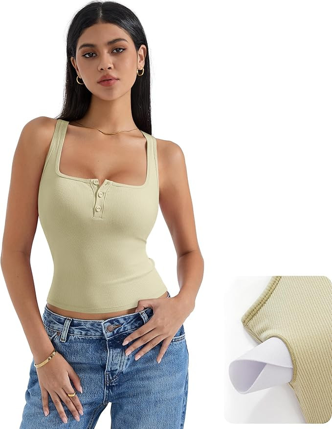 SUUKSESS Women Sexy Ribbed Square Neck Tank Tops with Built in Bra Summer Cotton Sleeveless Crop ... | Amazon (US)