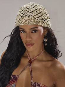 1pc Women's Fashion Hollow Crochet Sequin Beanie, Suitable For Everyday We | SHEIN