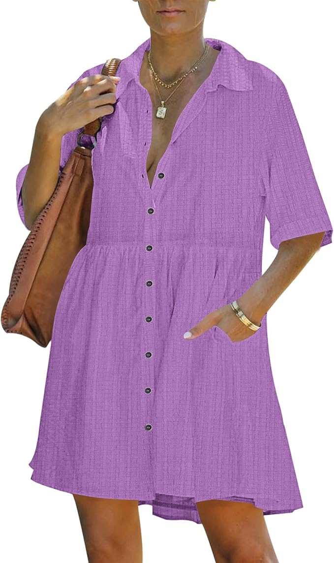 PYGFEMR Women's Summer Dress 2025 Short Sleeve Babydoll Tiered Button Down T Shirts Dresses with ... | Amazon (US)