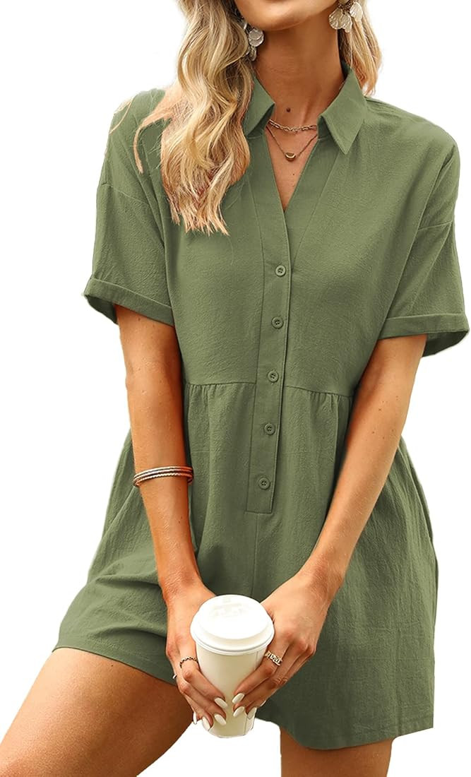 DEEP SELF Women's Summer Casual Short Sleeve Button Down Shorts Rompers V Neck Collared Jumpsuit ... | Amazon (US)