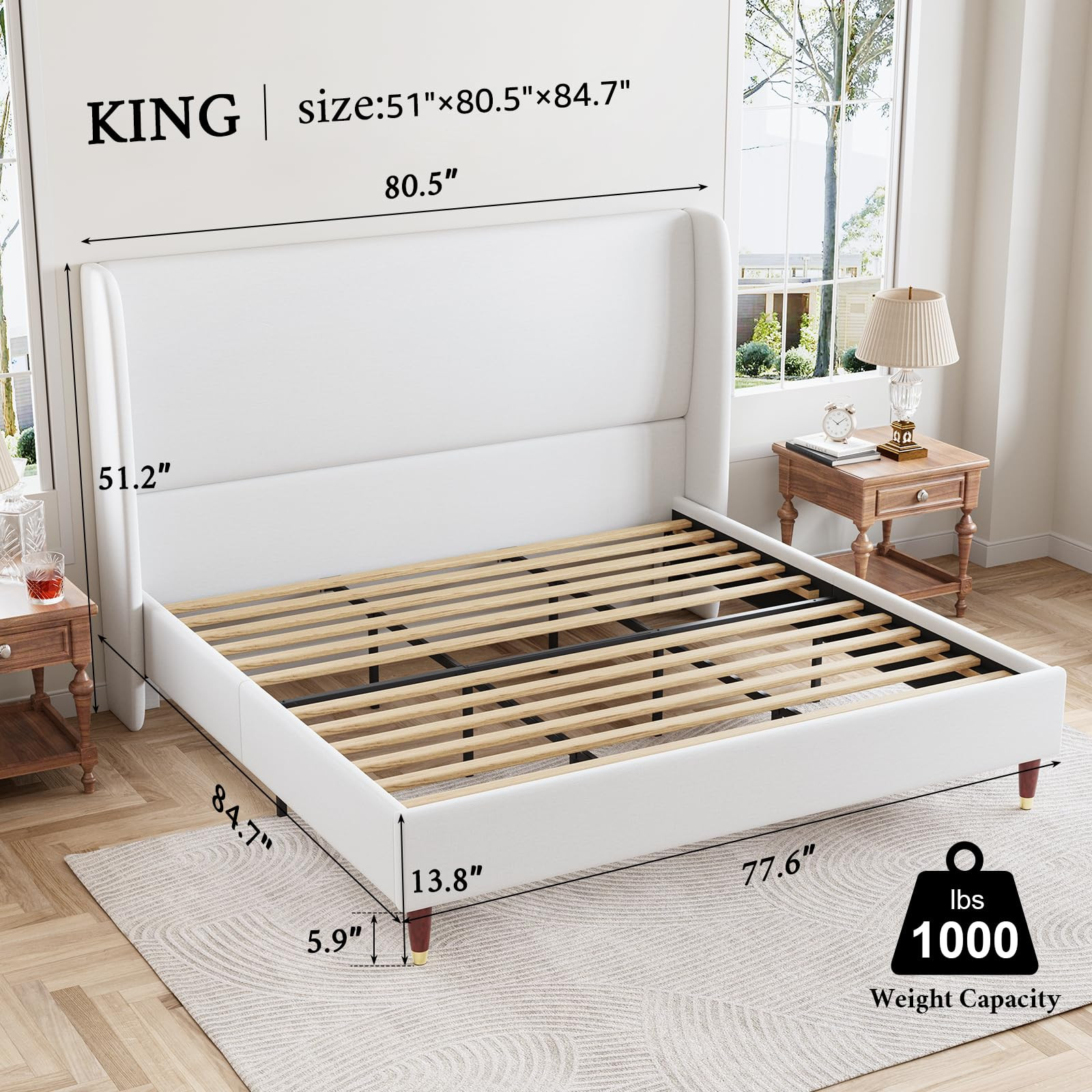 Jocisland King Bed Frame Upholstered Bed Frame and Wingback Headboard/Wood Slat Support/No Box Sp... | Amazon (US)