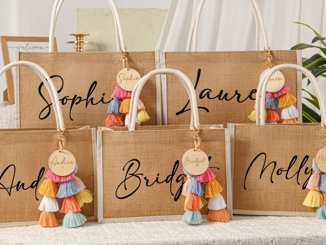 Personalized Bridesmaid Gift Bag With Charm,custom Burlap Gift Bag,beach Tote Bag,bachelorette Pa... | Etsy (US)