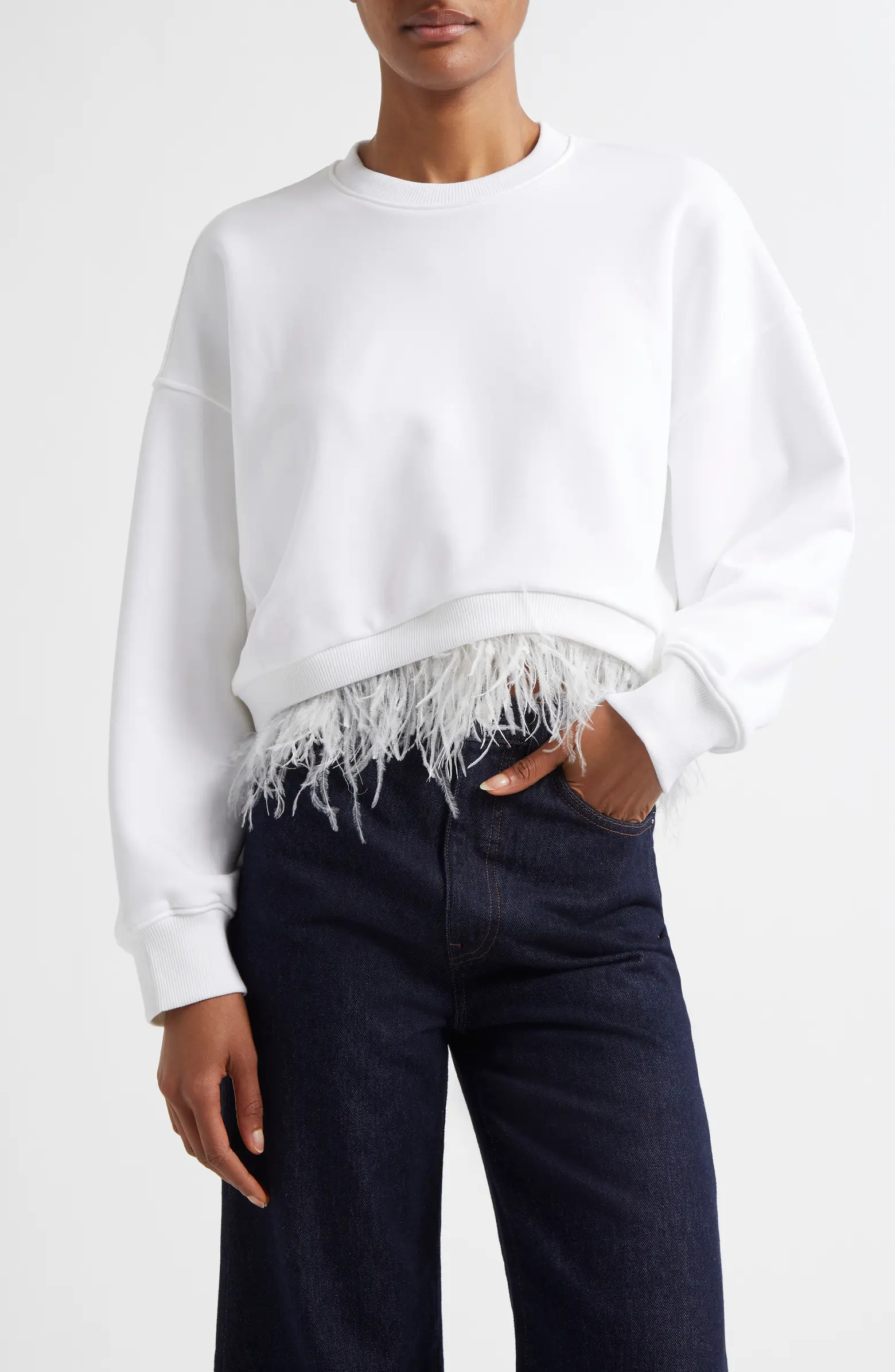 Cinq à Sept Albertine Feather Trim Cotton Blend Sweatshirt | Nordstrom | Nordstrom