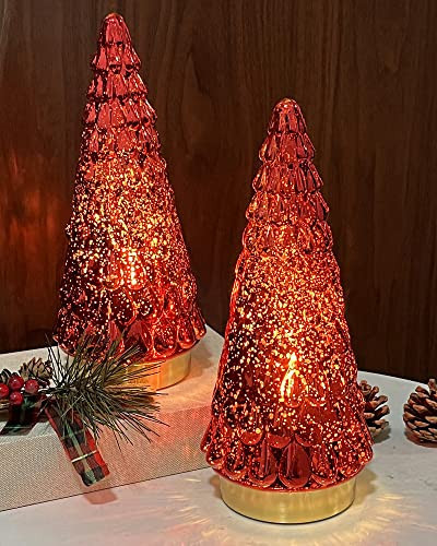 SHMILMH Red Mercury Glass Christmas Tree Set of 2, Small Tabletop Christmas Tree with Light, Battery Operated Xmas Tree for Fireplace Bathroom Decor 10" | Amazon (US)