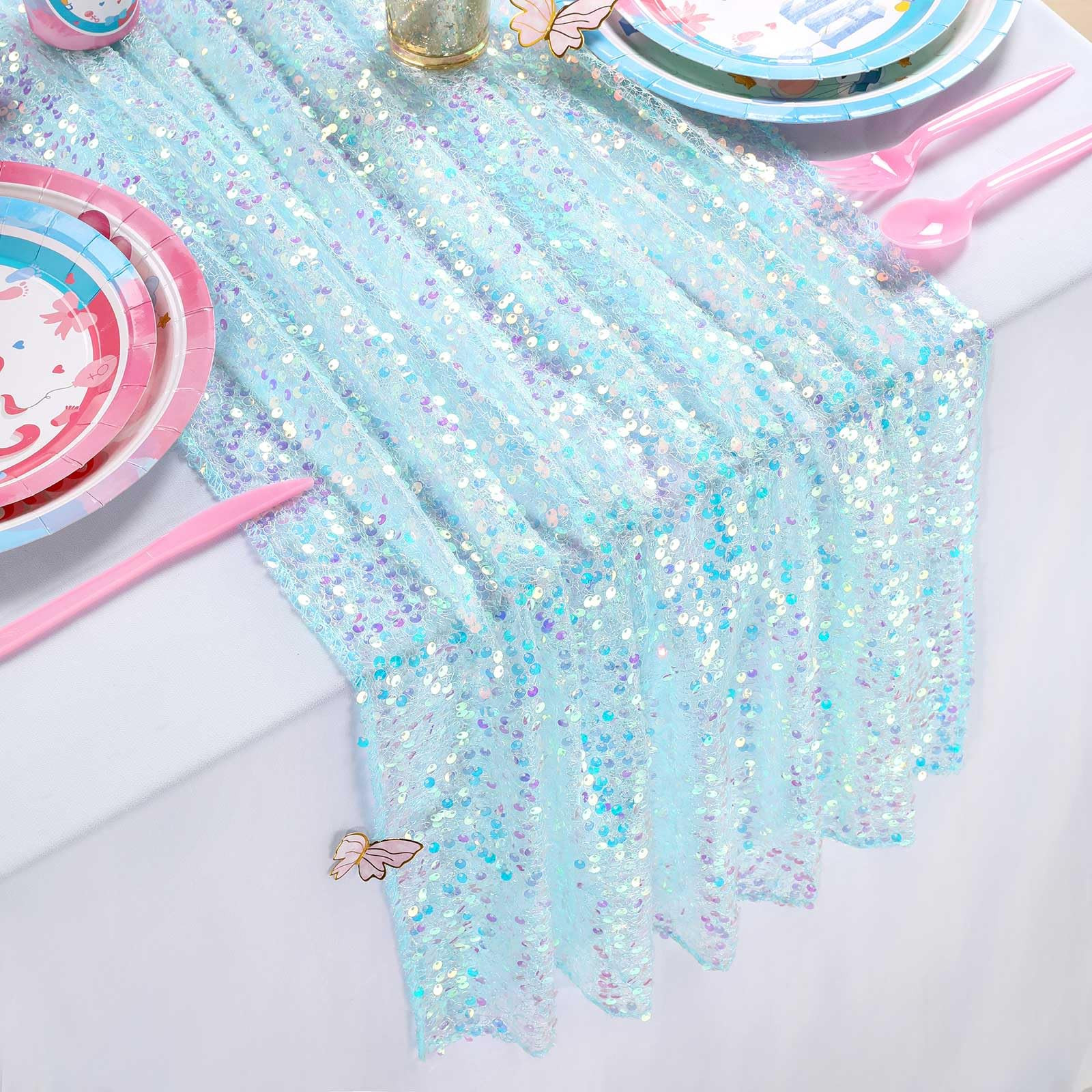 Light Blue Table Runner 10FT Iridescent Mermaid Table Runners for Mermaid Birthday Under The Sea ... | Amazon (US)