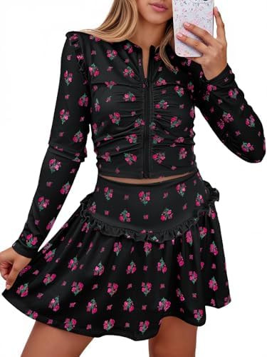 Fisoew Womens 2 Piece Outfits Floral Skort Sets Zip Up Crop Tops Mini Skirts Y2K Ruffle Vacation ... | Amazon (US)