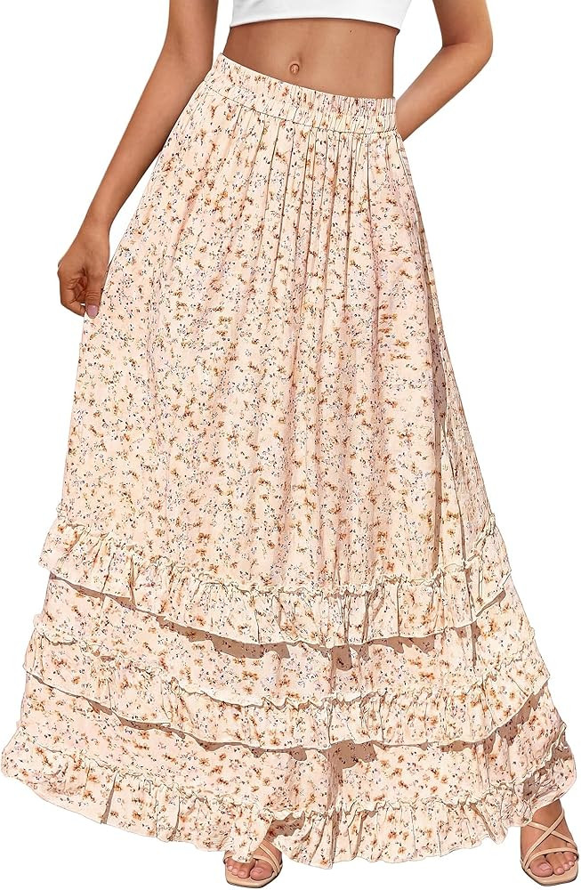 BTFBM Skirts for Women Summer Flowy A-Line Floral Boho Maxi Skirt Long Wedding Guest Dresses Spri... | Amazon (US)