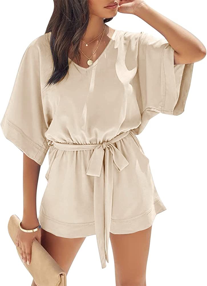 Women's Casual V Neck Rompers Short Sleeve Jumpsuit High Waist Belted One Piece Playsuit with Poc... | Amazon (US)