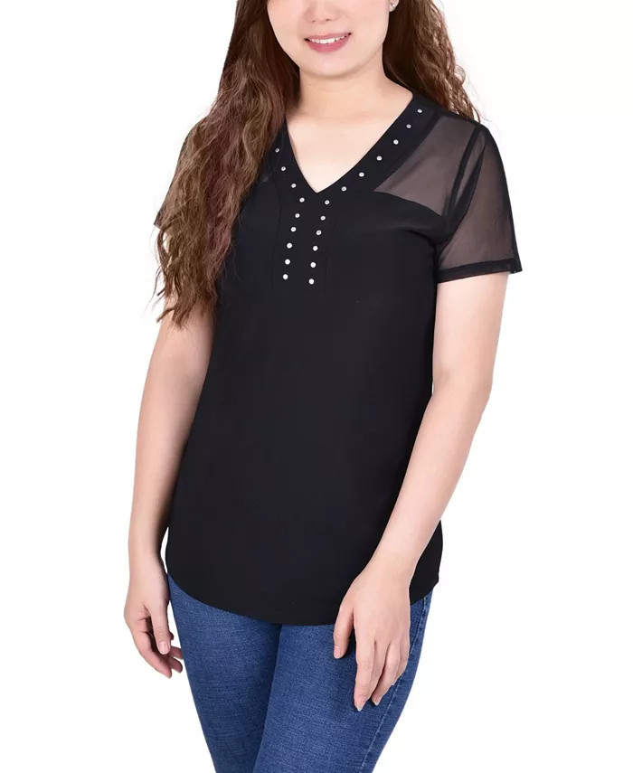 Petite Short Sleeve Studded Top | Macy's