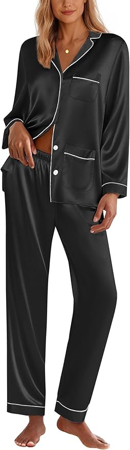 Ekouaer Silk Pajamas for Women Classic Button Down Satin Pajama Sets Long Sleeve Lounge Set | Amazon (US)