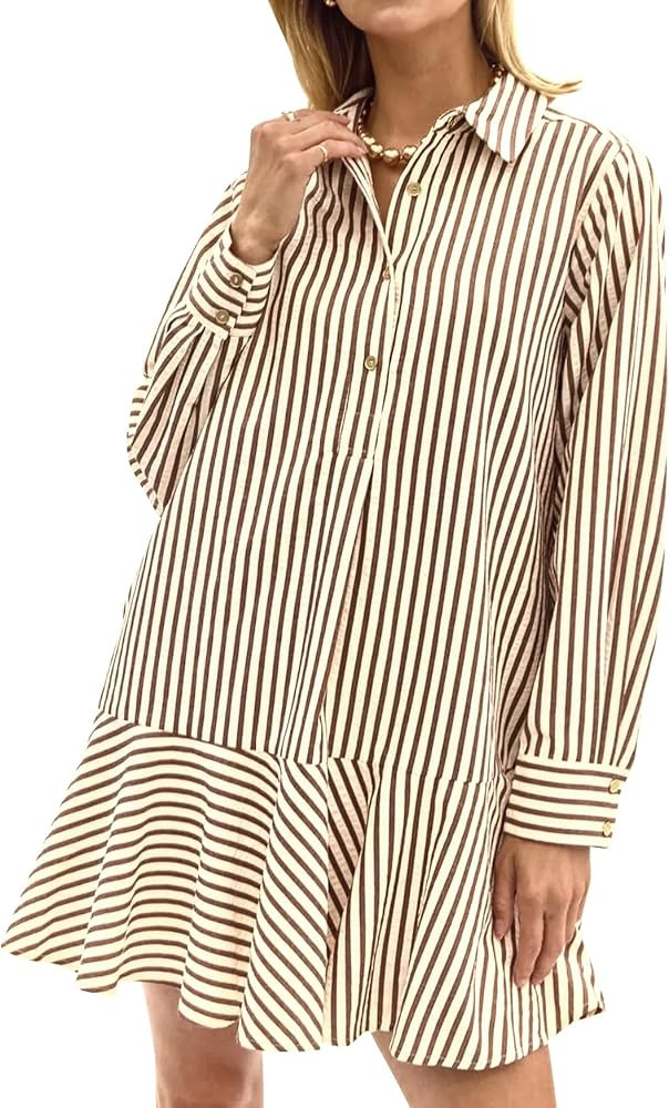 Womens Striped Shirt Mini Dress Long Sleeve Collared Ruffle Hem Button Up Tunic Flowy Swing Dress... | Amazon (US)