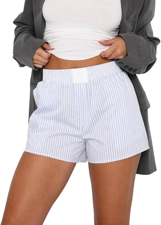 Women Y2k Lounge Shorts Stripe Print Button Front Boxer Shorts Low Waist Pajama Bottoms Sleepwear | Amazon (US)