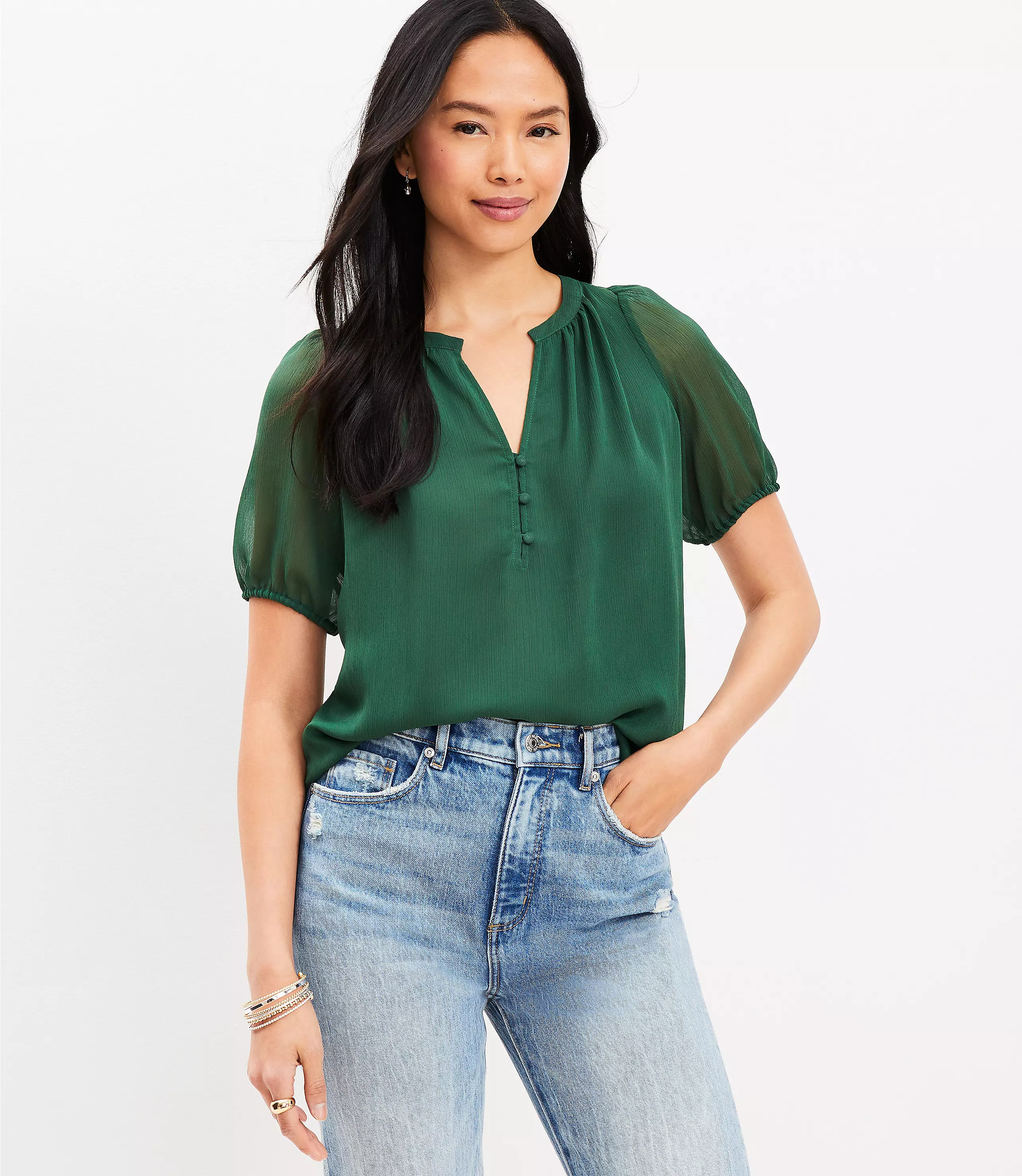Puff Sleeve Henley Blouse | LOFT