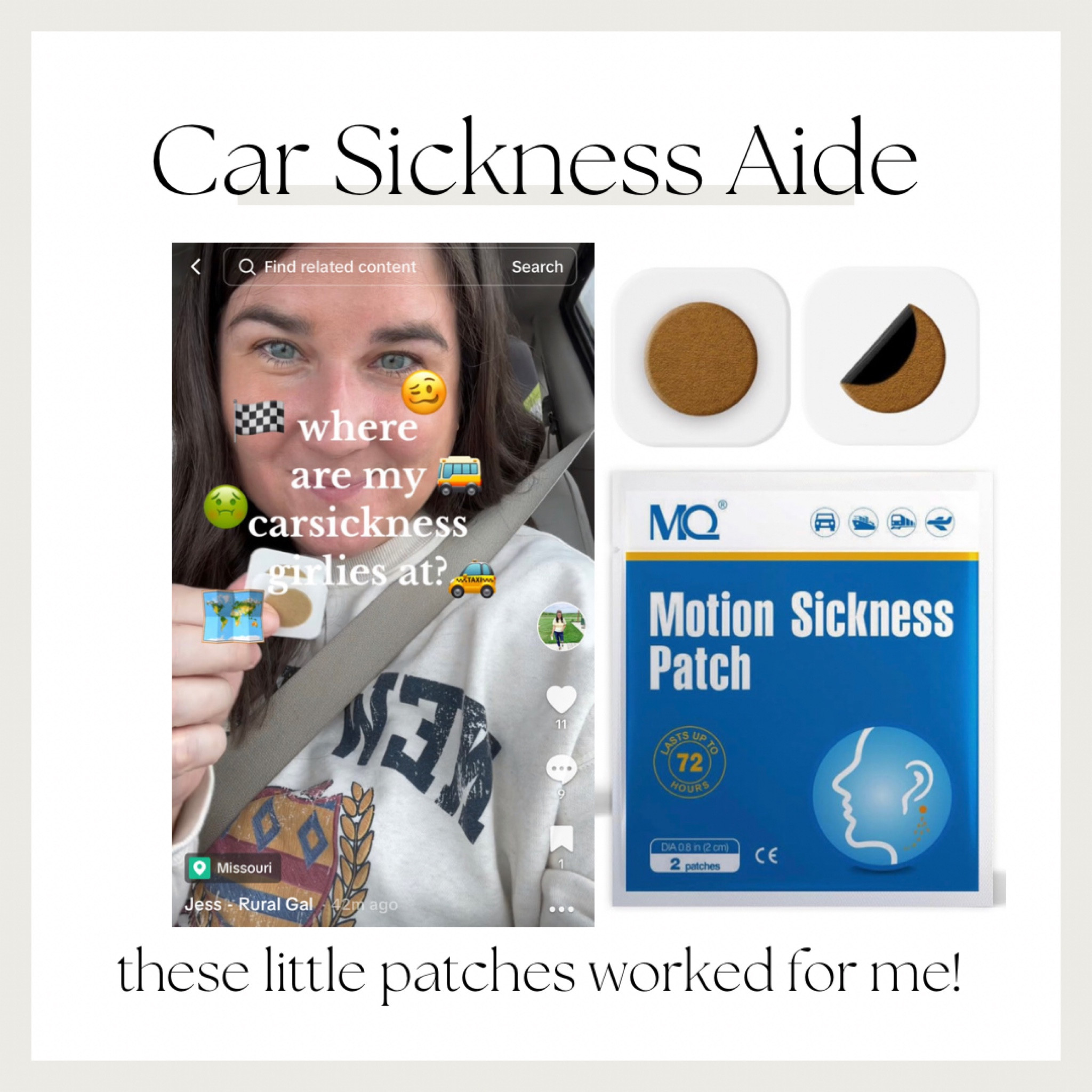 Motion sickness patches - $6 amazon patches that changed my road trip life 😮‍💨
Used them for a 5 hour road trip and was able to look at my phone and have no issues  

#LTKtravel