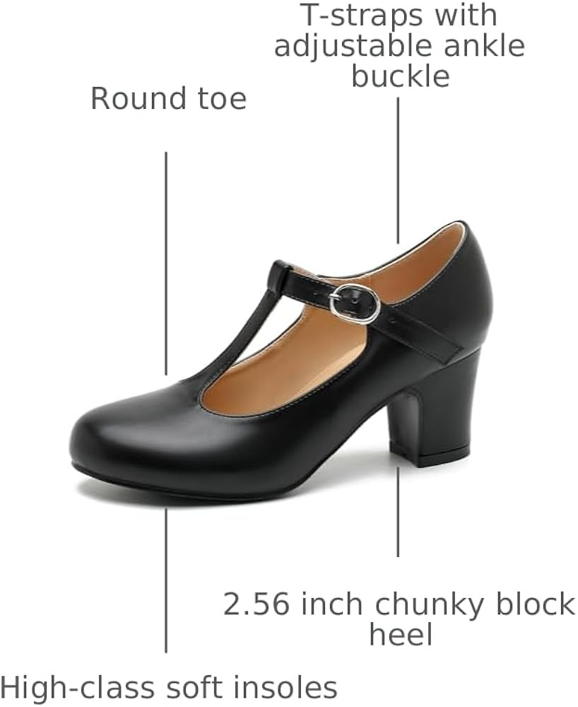 Women's T-Strap Mary Jane Pumps, 2.56 Inch Block Heel, Round Toe Dress Shoes | Amazon (US)