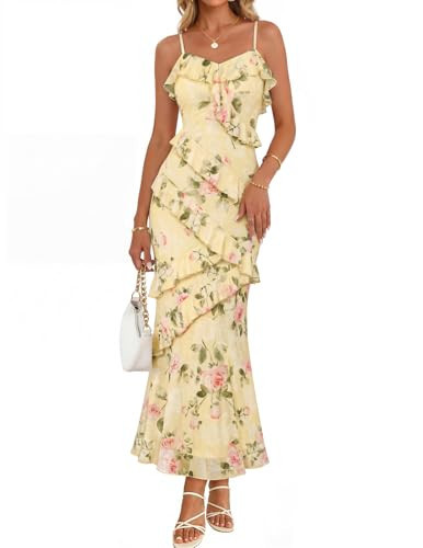 MEROKEETY Spring Wedding Guest Dress for Women 2026 Summer Floral Cocktail Party Beach Vacation Ruffle Bodycon Maxi Dresses, Yellow, Medium | Amazon (US)