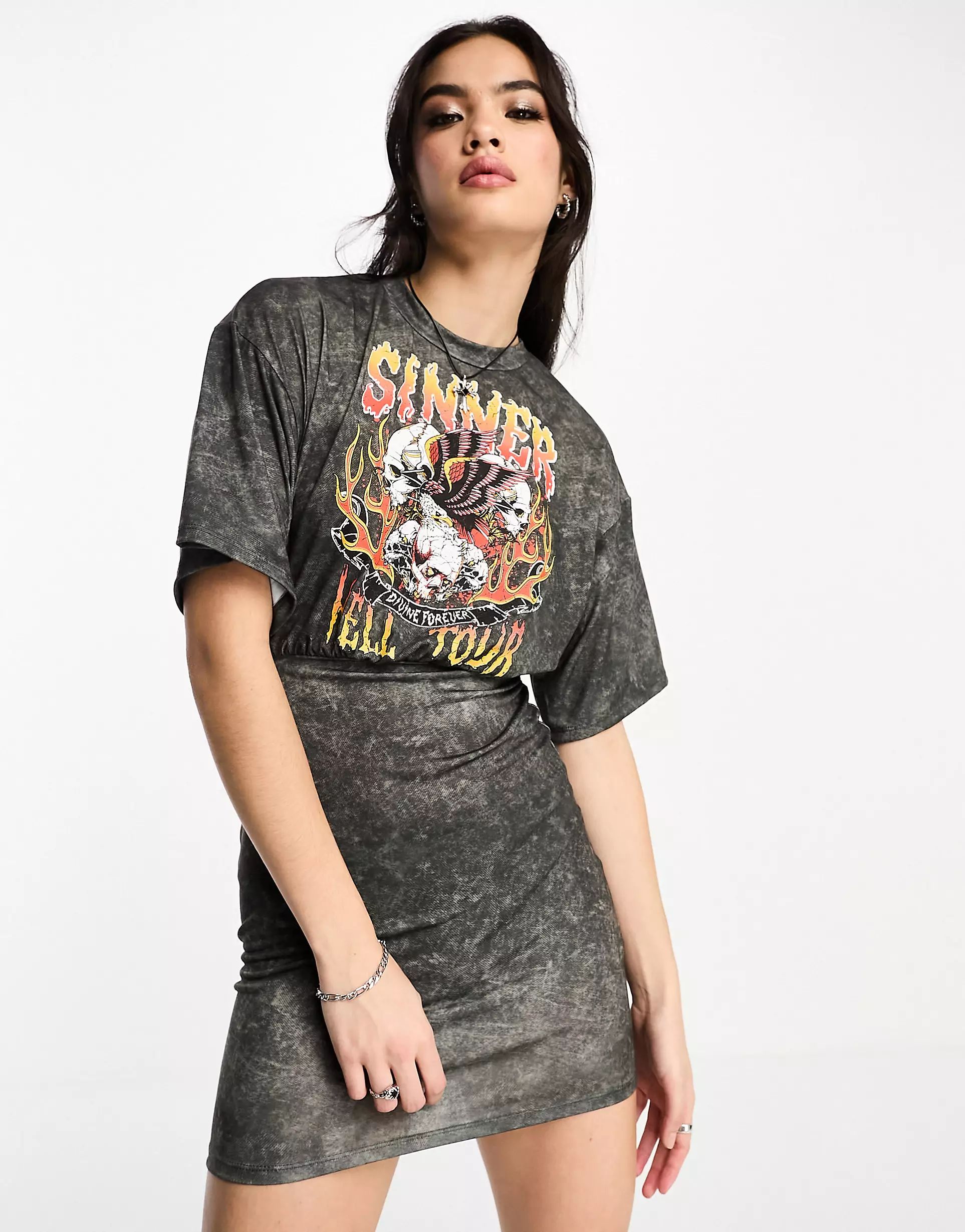 › ASOS DESIGN bodycon t-shirt dress with oversized top with sinner graphic in grey | ASOS (Global)