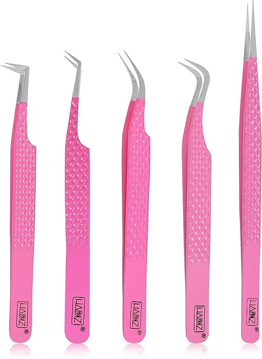 HADIZ Fiber Tip Eyelash Extension tweezers Lash Tweezer Japanese Steel set of five (Raspberry) | Amazon (US)