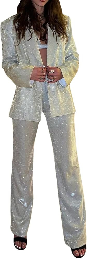 GuliriFei Women 2 Piece Glitter Sequin Outfits Long Sleeve Blazer Tops Sparkly Wide Long Pants Sp... | Amazon (US)