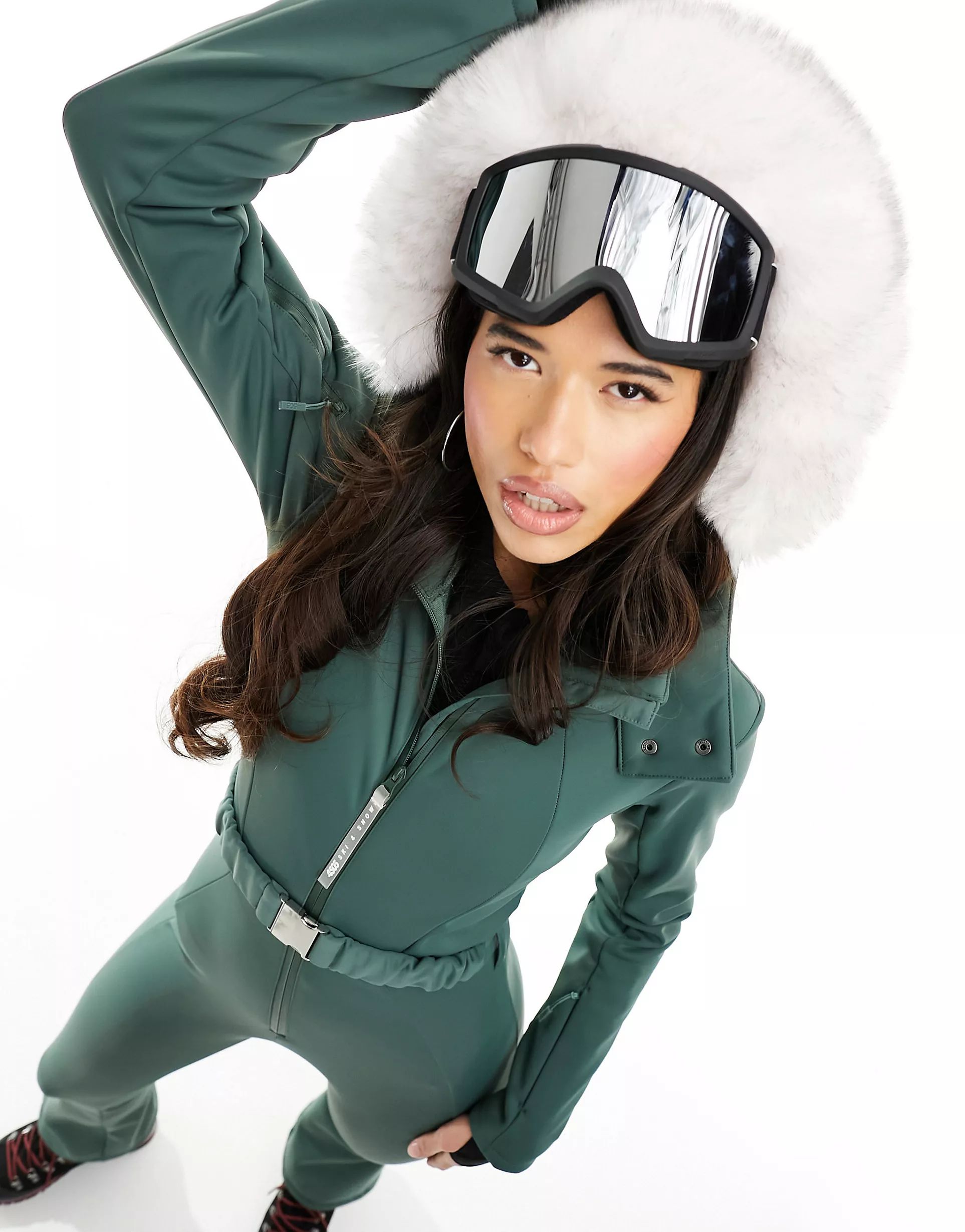 ASOS 4505 Ski water repellent belted ski suit with faux fur hood in khaki | ASOS | ASOS (Global)