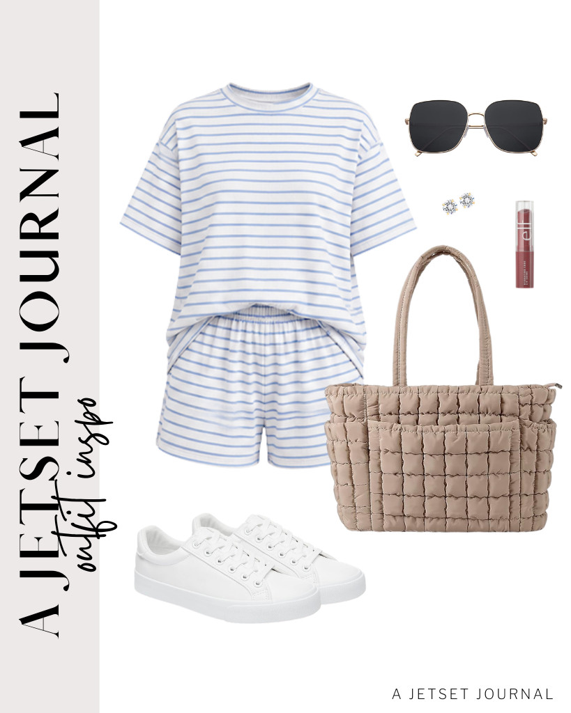 Our first outfit can be this MARZXIN 2-piece shorts set and SERNIAL white tennis shoes. You can pair the set with a puffer tote bag and SOJOS sunnies.

#LTKSeasonal #LTKSaleAlert #LTKTravel
 

 