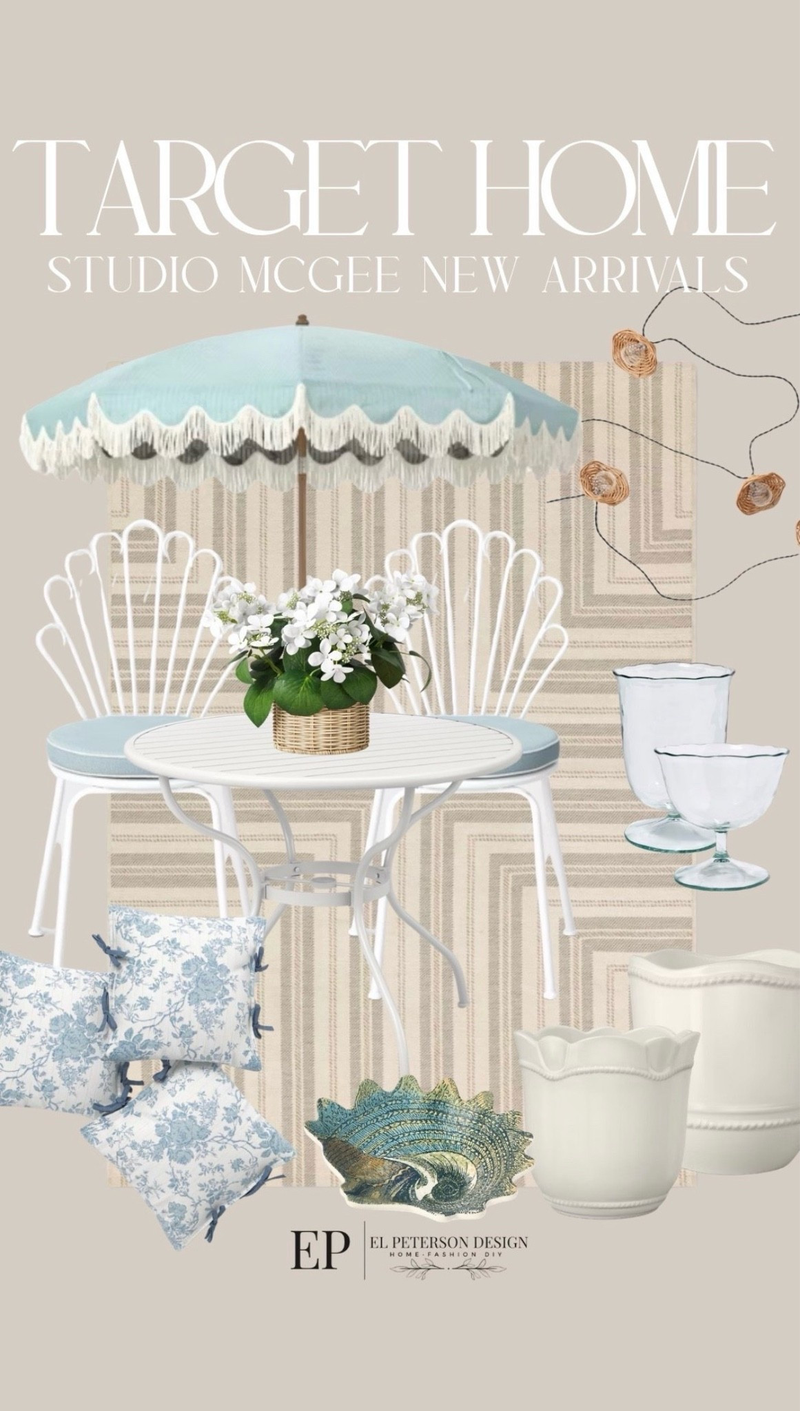 Target
Studio  mcgee
Outdoor umbrella
Patio table 
Patio chair
Outdoor rug
Planters
String lights
Outdoor pillows
Drinking glasses

#LTKHome