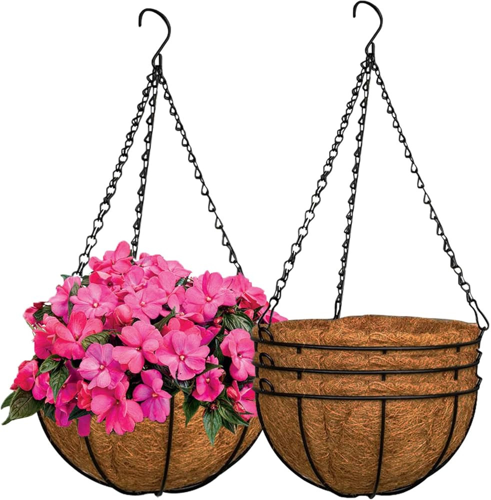 ZeeDix 3pack 12inch Metal Hanging Basket with Coconut Coir Liner- Coconut Coir Liner with Black C... | Amazon (US)