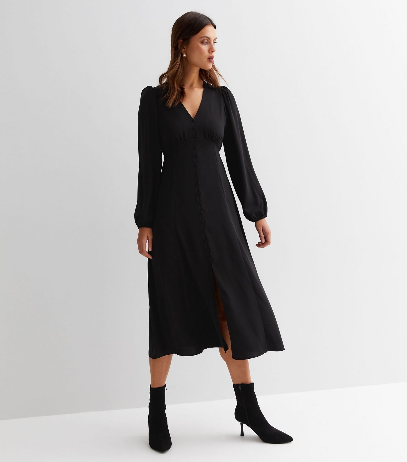 Black Button Front Long Puff Sleeve Midi Dress
						
						Add to Saved Items
						Remove from ... | New Look (UK)