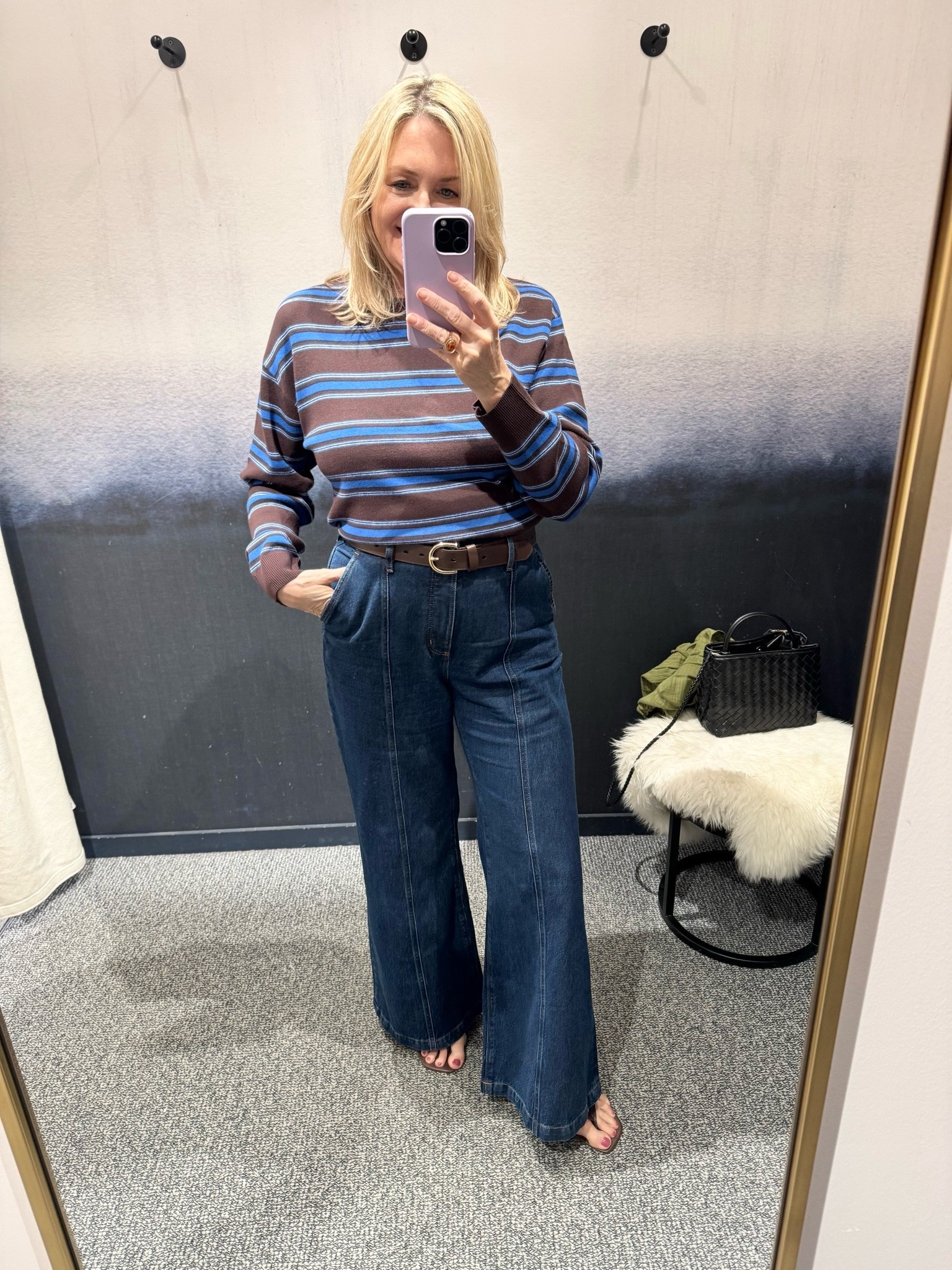 Brown and blue striped wearer nd flare jeans, fall outfit over 50

#LTKOver40 #LTKSeasonal #LTKootd