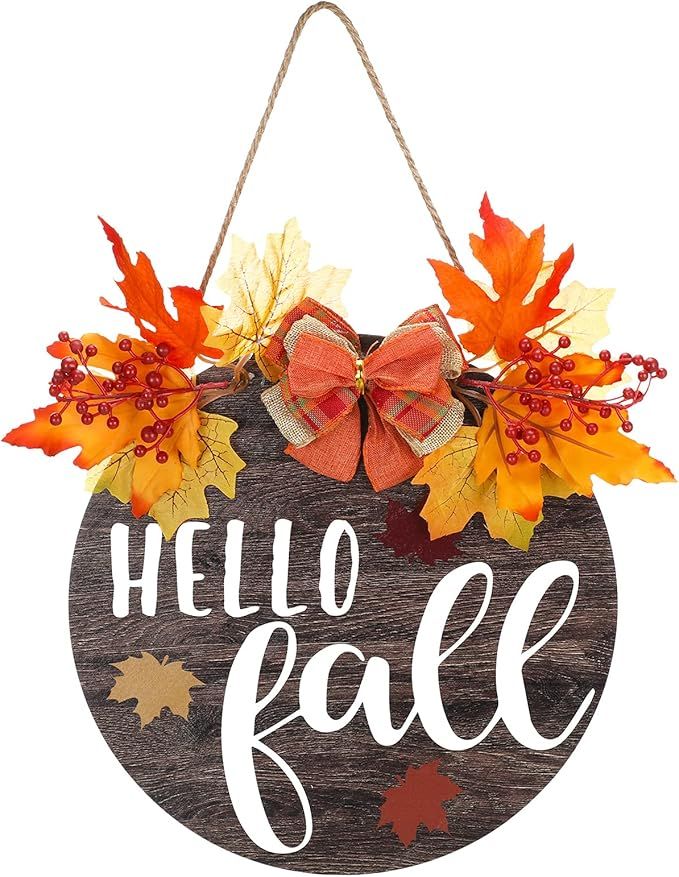 Jetec Hello Fall Sign,Hello Door Sign,Hello Fall Decor Sign Front Door,Round Wood Hanging Sign wi... | Amazon (US)