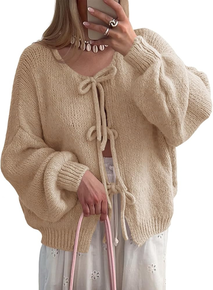 UNCLECAT Womens Bow Tie Front Cardigan Sweaters Oversized Fall Open Front Cardigans Cute Loose Kn... | Amazon (US)