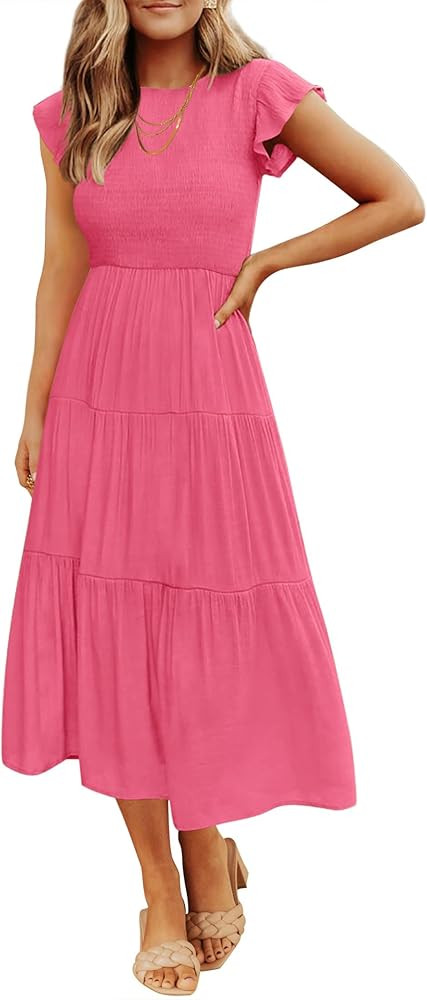 ZESICA Women's 2025 Summer Casual Flutter Short Sleeve Crew Neck Smocked Elastic Waist Tiered Mid... | Amazon (US)