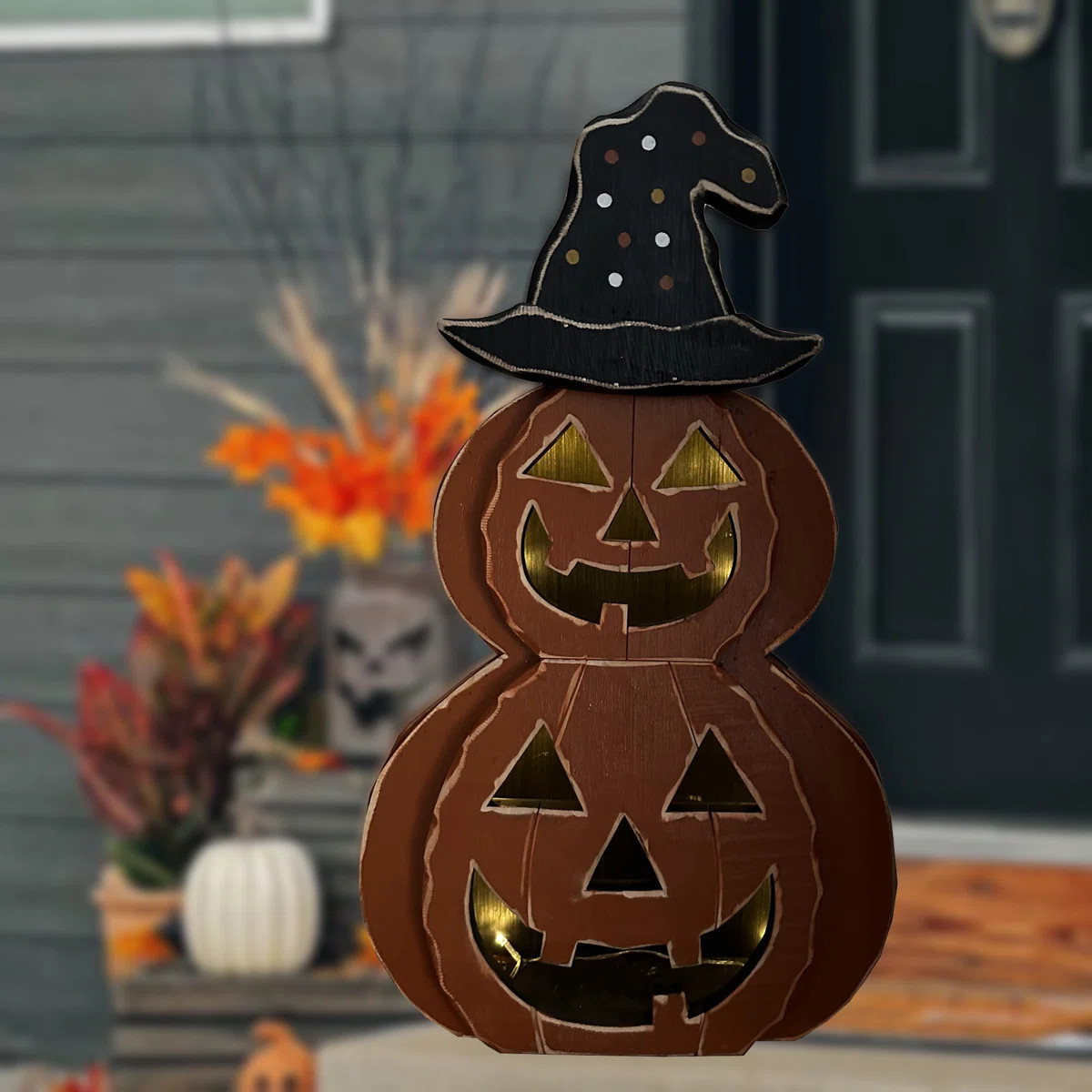 25in Wooden Lighted Jack O Lantern with Hat and Timer Battery Operated Halloween Decor | Wayfair North America