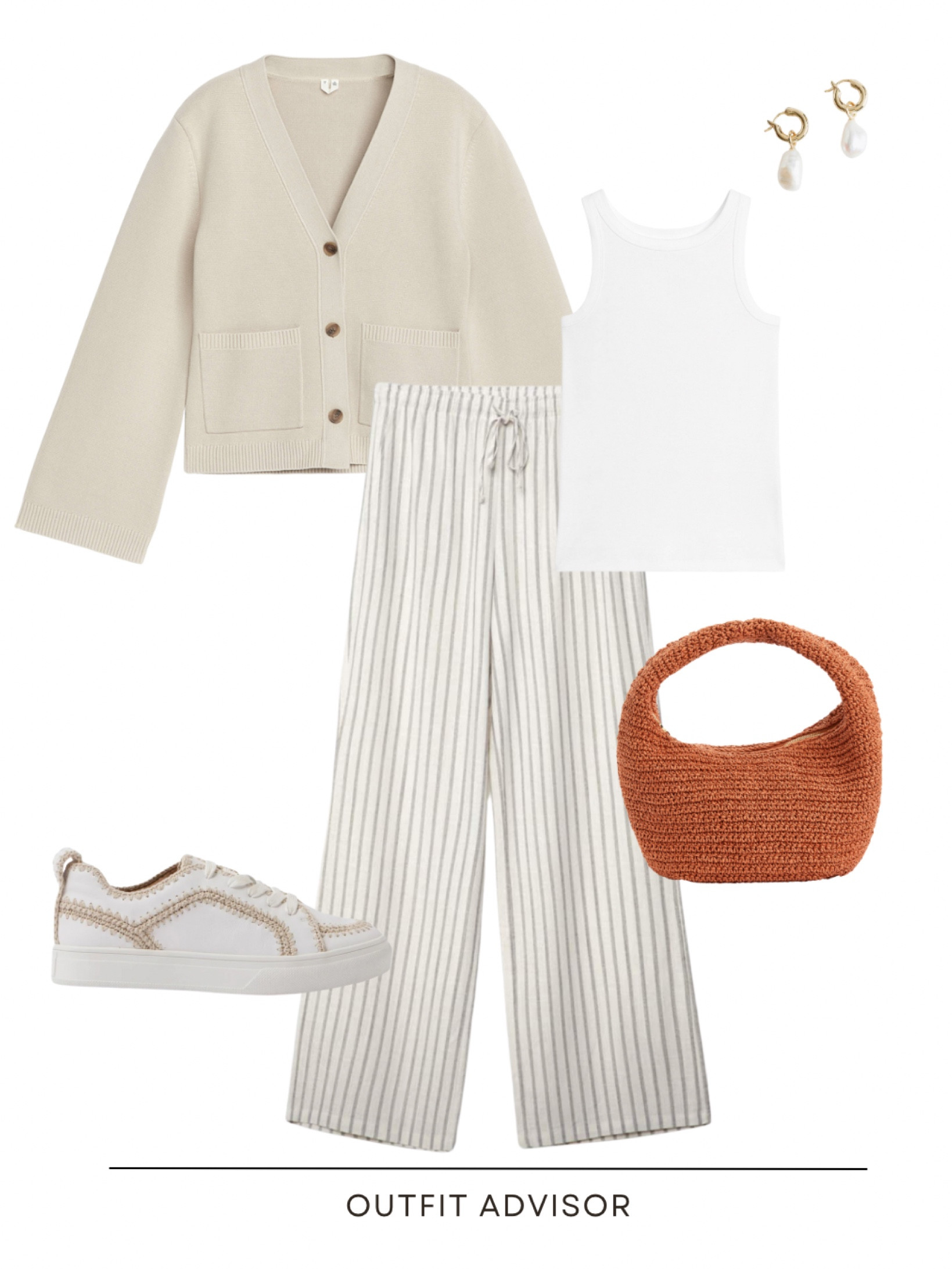 Casual beige summer outfit inspo: striped linen pants, a cotton arket jumper, tank top, sneakers, gold pearl earrings and an orange woven bag

#LTKsummer #LTKstyletip #LTKshoes