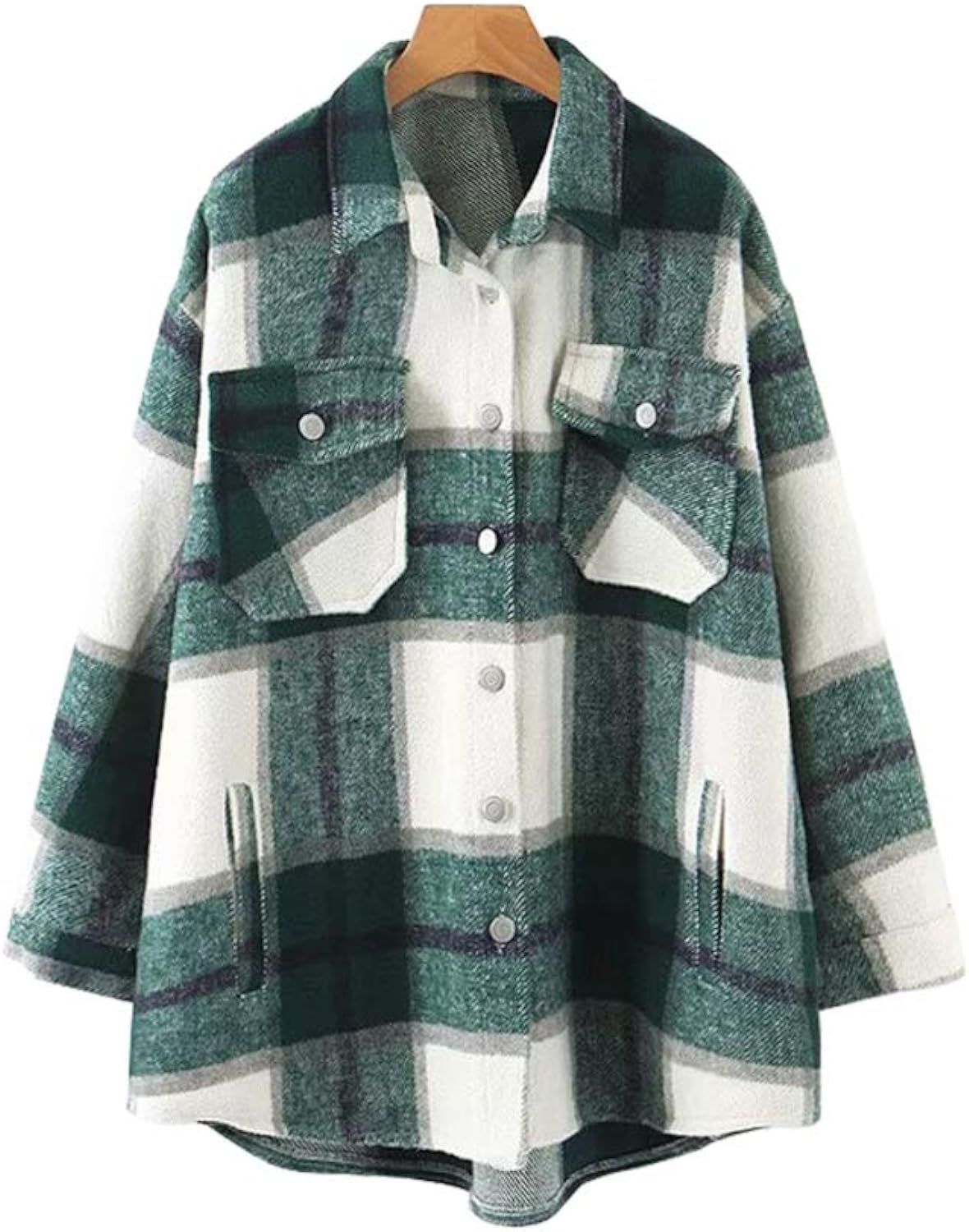 Womens Casual Flannel Wool Blend Plaid Lapel Button Down Long Sleeve Shacket Jacket Coat Winter Loos | Amazon (US)
