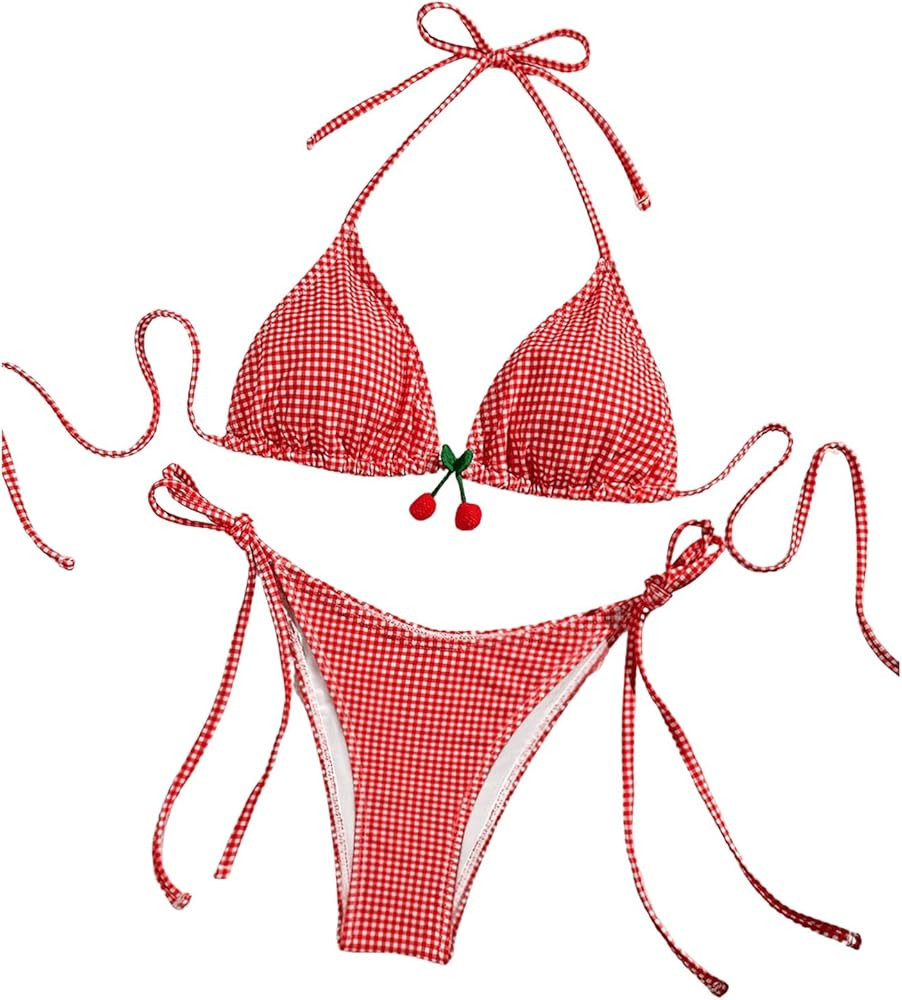 SHENHE Women's Checkered Swimsuits 2 Pieces Halter Triangle Plaid Cheeky Bikini Set | Amazon (US)