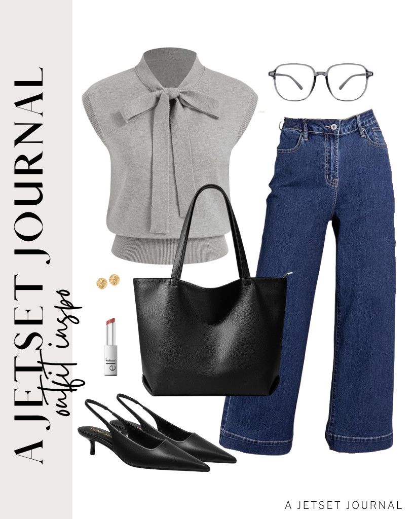 For a gray CIDER cap-sleeve sweater and DOKOTOO jeans, you can use DREAM PAIRS slingback kitten heels. For styling, pair this leather tote bag with Dollger blue-light glasses. Complete the look with e.l.f. Glow Reviver Lip Oil Stick.

#LTKSeasonal #LTKSaleAlert #LTKTravel
 

 