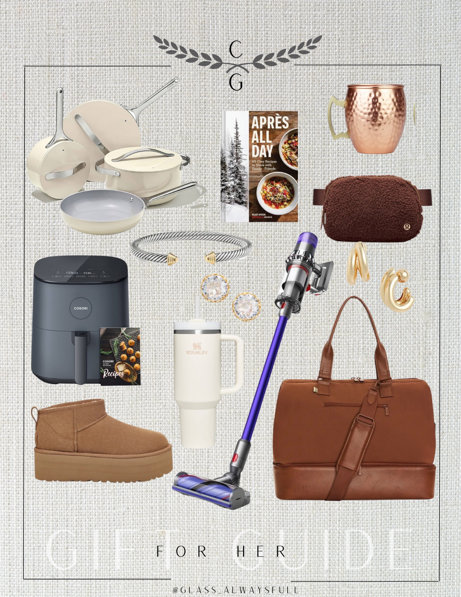 Gift guide for her, gifts for her, gift guide for women, woman’s gift guide, gifts for her, overnight bag, Dyson vacuum, Ugg ultra minis, air fryer, Stanley cup, caraway cookware, Sherpa belt bag, classic earrings, copper mug. Callie Glass @glassalwaysfull 

#LTKSeasonal #LTKHoliday #LTKGiftGuide