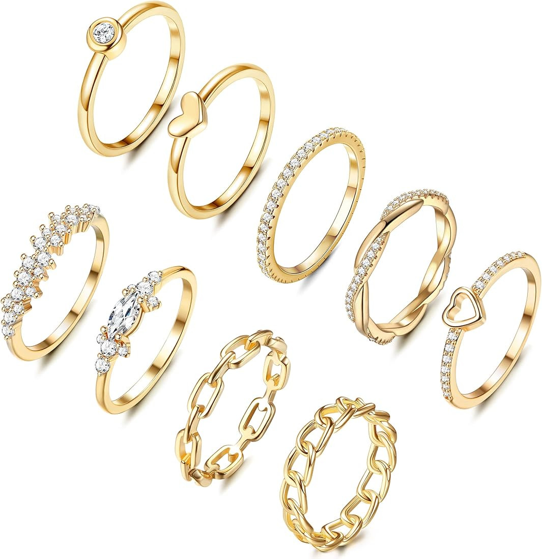 9PCS 14K Gold Plated Stacking Rings for Women Stackable Knuckle CZ Heart Chain Link Gold Silver R... | Amazon (CA)