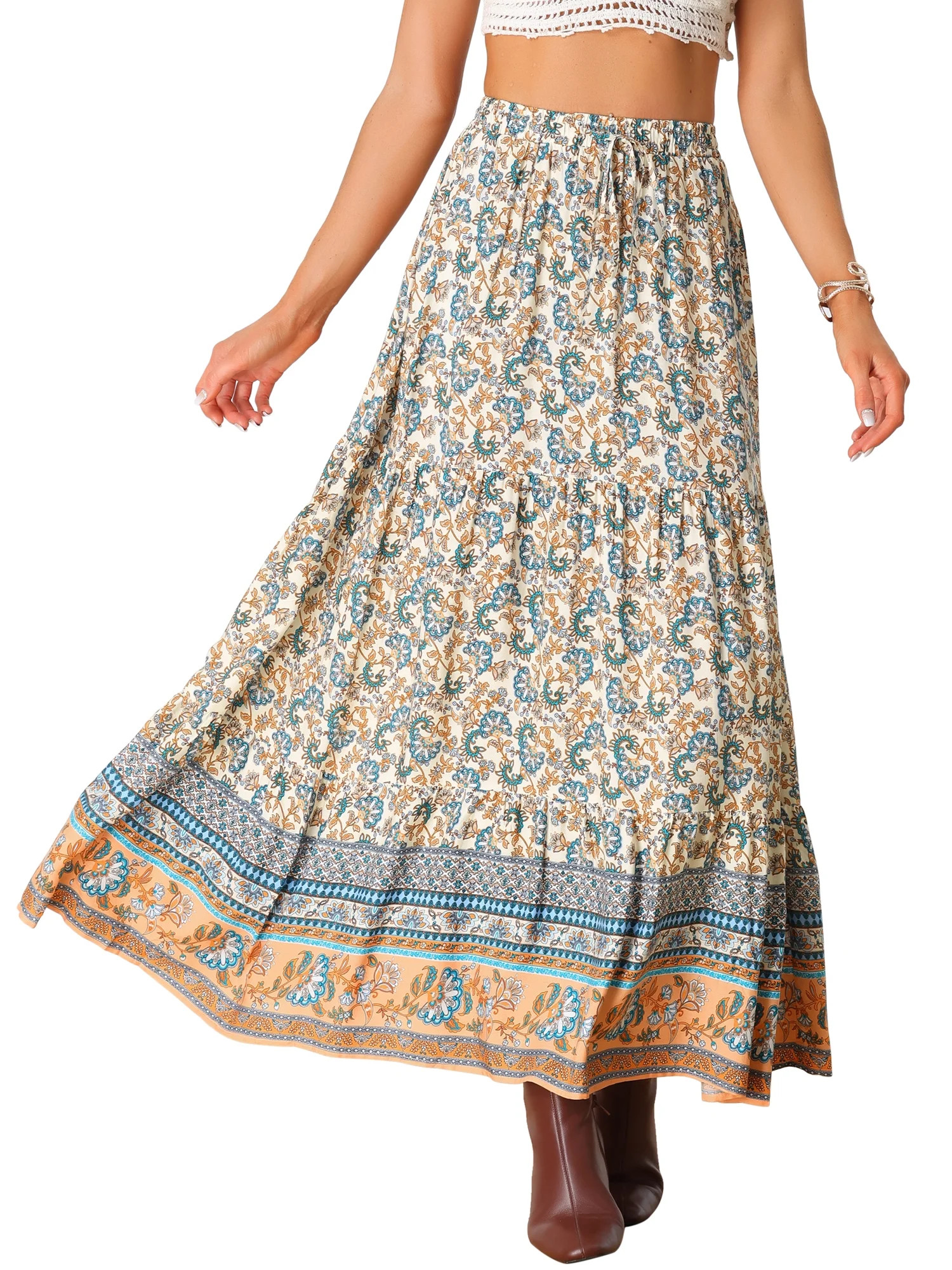 INSPIRE CHIC Women s Boho Skirts Floral Print Elastic Waist Casual Maxi Skirts XS Beige | Walmart (US)
