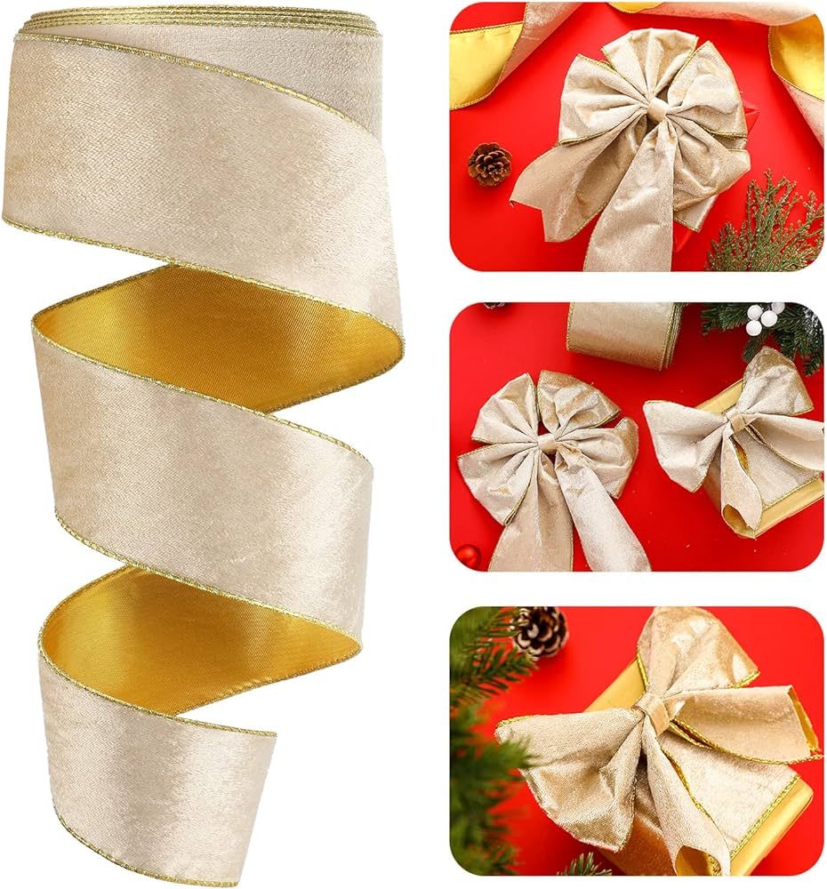 Amazon.com: Christmas Velvet Ribbon Satin Ribbon Solid Color Wired Edge Ribbon Gold Trim Wrapping... | Amazon (US)